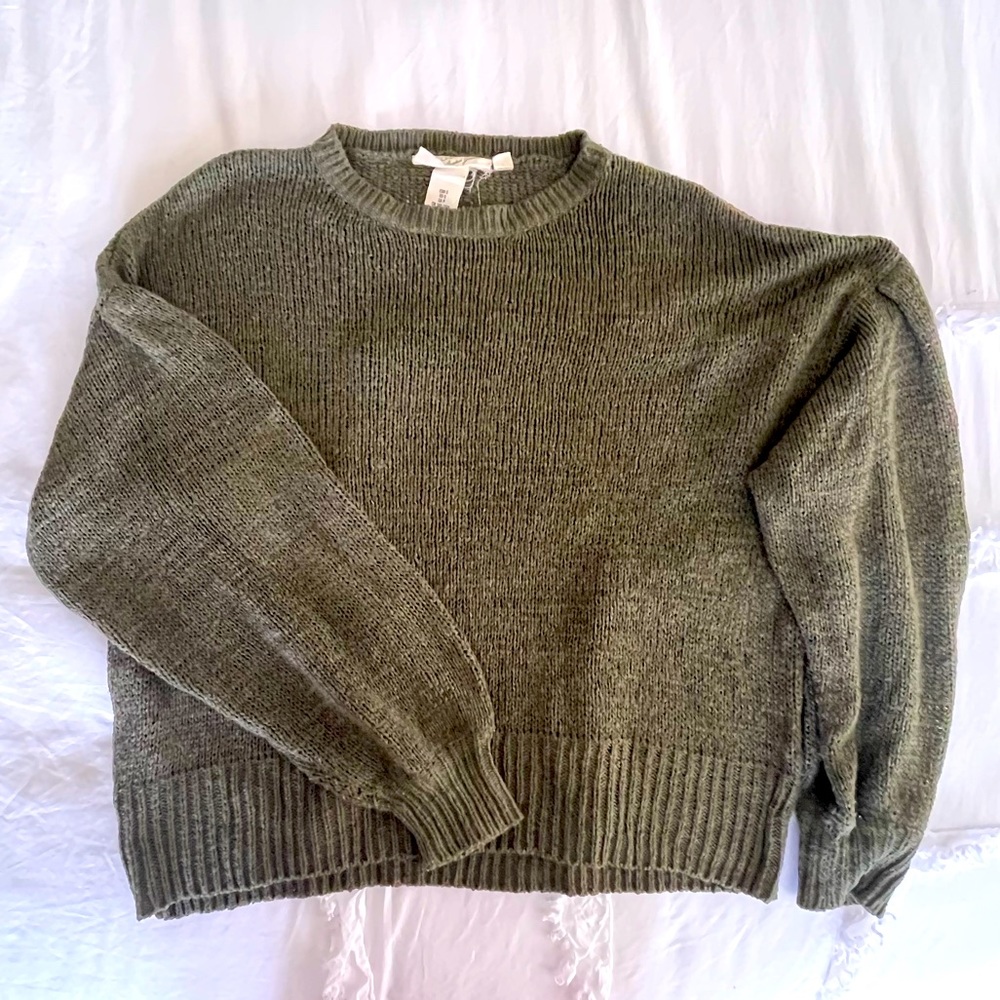 H&M L.O.G.G. Green Bubble Sleeve Textured Knit Sweater S